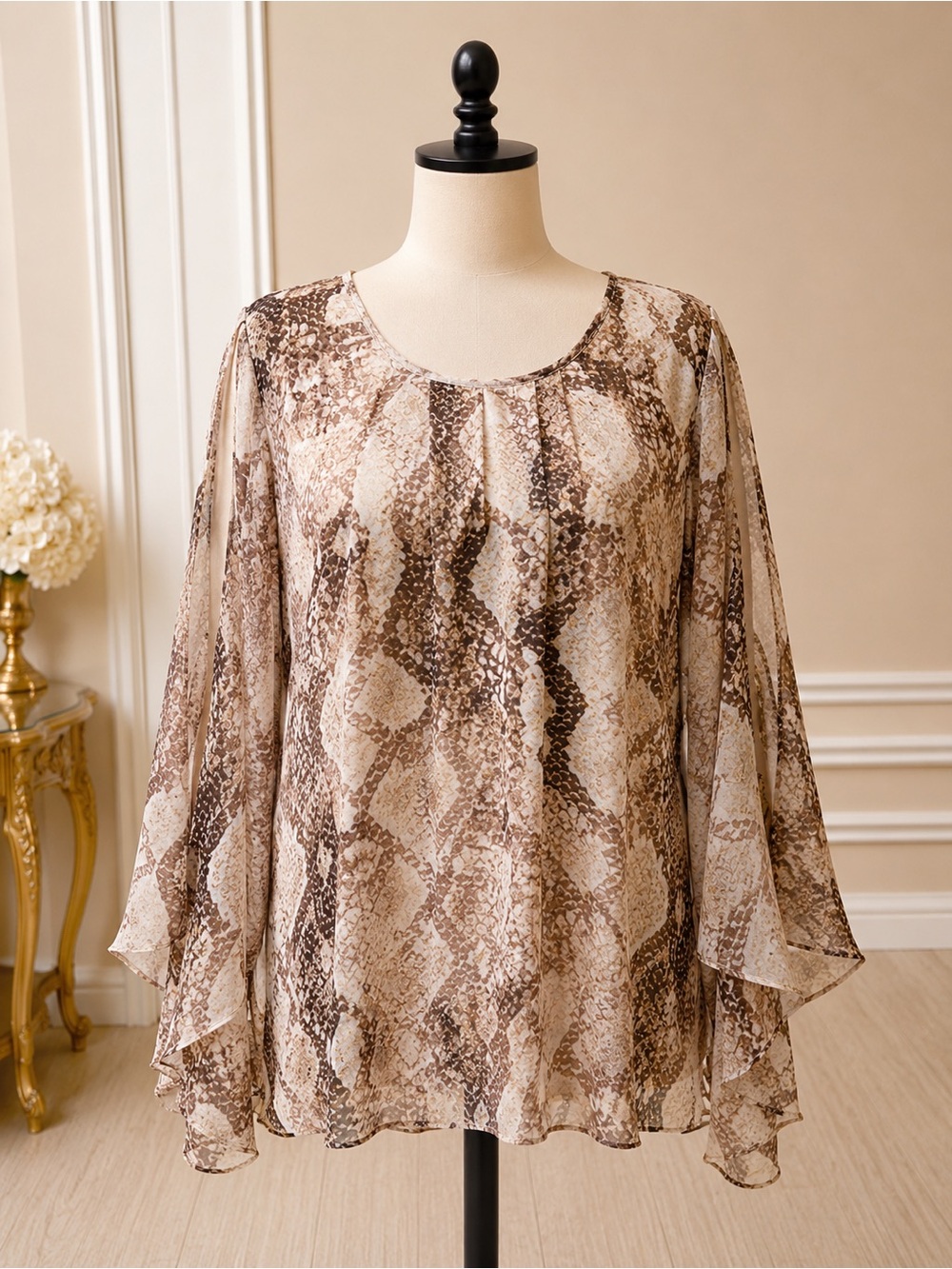 Trendy Chico's Brown Snake-Print Sheer Blouse